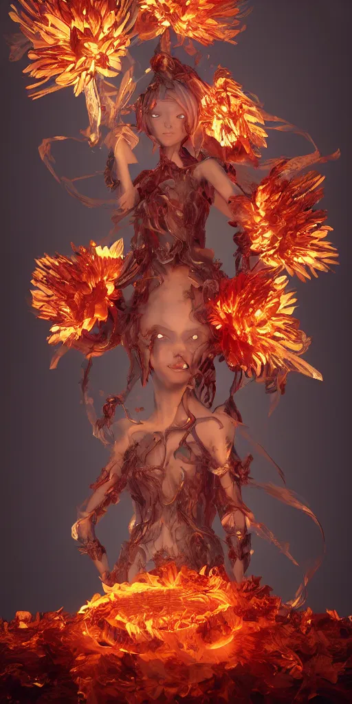 Image similar to Rerolling prompt underworld dungeon, closeup of an anthropomorphic fire goddess wrapped in a flowing couture flaming tissue paper, holographic chrysanthemums, fire origami flowers, heavenly light, 3D, very detailed, octane render, trending ArtStation, artgem