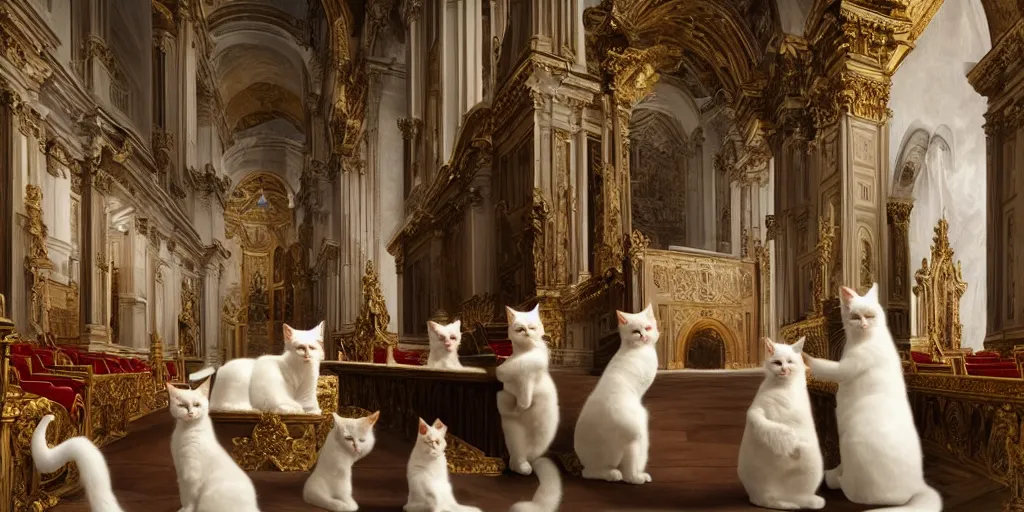 Image similar to beautiful oil matte painting, white fluffy cats holding a church ceremony inside a baroque cathedral, wonderful masterpiece highly detailed, beautiful cinematic light deep focus, elegant, digital painting, smooth, sharp focus, golden ratio, dramatic illumination, ultra realistic, 8 k, art by giovanni bellini and caravaggio