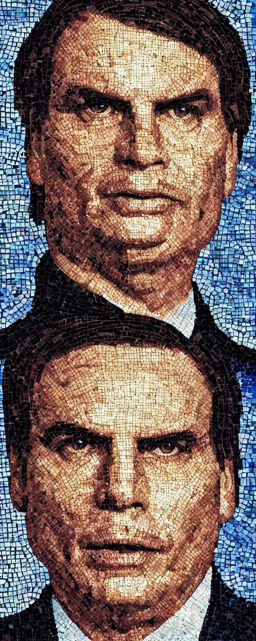 Prompt: portrait of brazilian president jair bolsonaro, with a strong jaw and a beautiful face, as a byzantine mosaic, very detailed, beautiful, handsome, elegant
