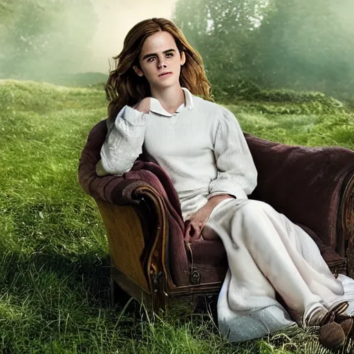 Prompt: Still of Emma Watson as Hermione Granger sitting back and relaxing in her favorite chair. Prisoner of Azkaban. During golden hour. Extremely detailed. Beautiful. 4K. Award winning.