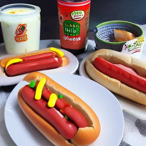 Prompt: hot dogs and yogurt is a messy meal
