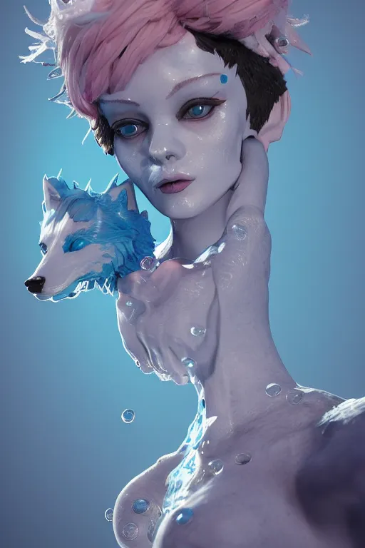 Prompt: an epic non - binary model, subject made of white mesh rope, with cerulean and pastel pink bubbles bursting out, delicate, beautiful, intricate, melting into a wolf, houdini sidefx, by jeremy mann and ilya kuvshinov, jamie hewlett and ayami kojima, trending on artstation, bold 3 d