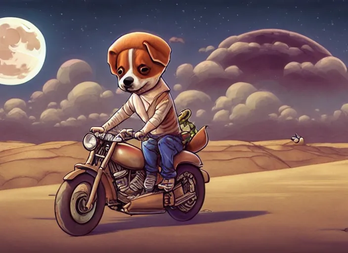 Image similar to a cell shaded cartoon corgi riding a motorcycle, with a big head, on a desert road, wide shot, in front of a big moon, muted colors, post grunge, josan gonzales, wlop, by james jean, victor ngai, hq, deviantart, art by artgerm