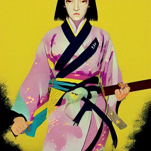 Image similar to breathtaking detailed pattern pastel colors, action scene from kill bill, with uma thurman ( kill bill ) in yellow kimono, swinging katana sword, and mt. fuji, by hsiao - ron cheng, exquisite detail, enhanced eye detail