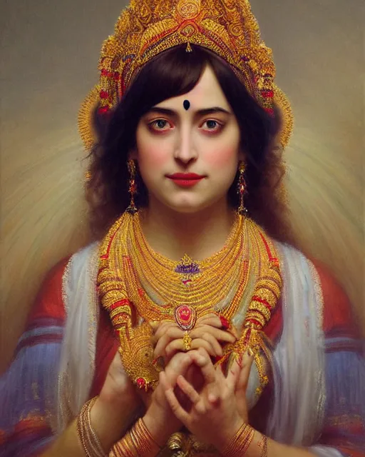 Prompt: Dakota Johnson as a beautiful Hindu Goddess, gorgeous, portrait, Symmetrical, powerful, intricate, beautiful, masterpiece, elegant, volumetric lighting, highly detailed, digital painting, hyper-realistic, artstation, sharp focus, no blur, illustration, William-Adolphe Bouguereau , ruan jia