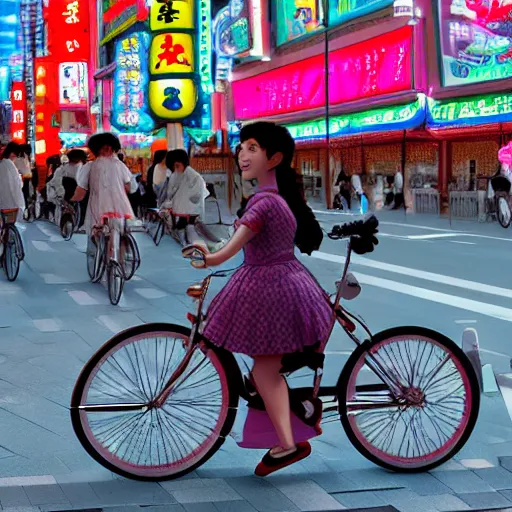 Image similar to anime girl riding bicycle in highly detailed dotonbori street, studio ghibli style, by hayao miyazaki, sharp focus, highly detailed, 4k