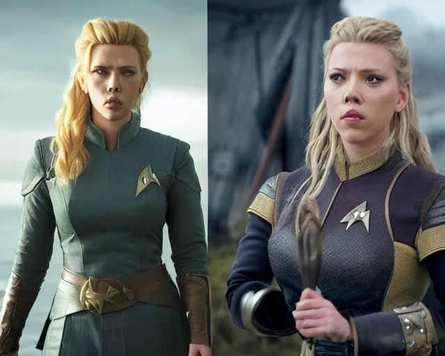 Image similar to starfleet uniform, scarlett johansson, in starfleet uniform, playing lagertha in a scene from the tv series vikings, directed by christopher nolan