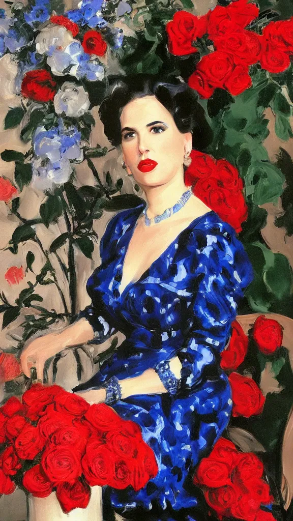 Prompt: portrait of rebekah delrio in lynch pattern dress beside of a big persian detailed pot of red roses, blue and red lights, mulholland drive, painted by john singer sargent