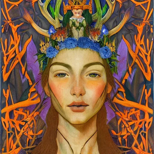 Image similar to queen of the forest wearing an antler crown, by Annie Swynnerton and Nicholas Roerich and Tino Rodriguez, embroidered robes, floral tattoos, bioluminescent skin!, elaborate costume, geometric ornament, symbolist, soft colors, dramatic lighting, smooth, sharp focus, extremely detailed