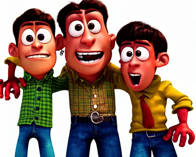 Image similar to detailed cartoon portrait of three brothers with four arms, pixar, sharp high quality