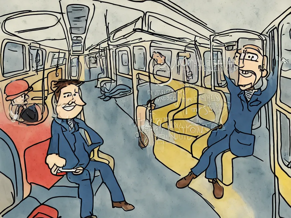 Image similar to (a flat shaded cartoon man in the style of Berkeley breathed), (sitting in a photo real Chicago subway car)