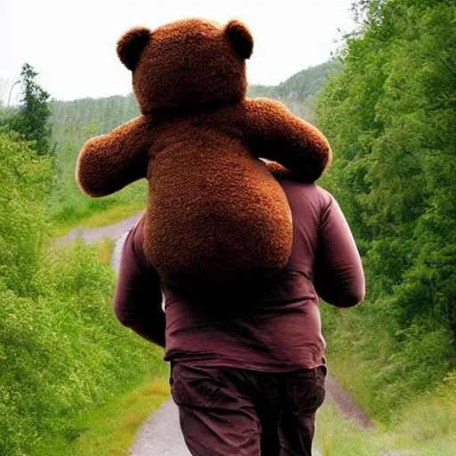 Prompt: picture of person carrying the worlds largest realistic teddy bear on their back up a hill from a distance