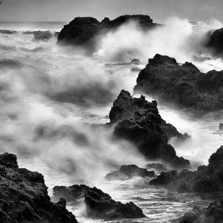 Image similar to dark and moody 1 9 7 0's artistic technicolor spaghetti western film, a large huge group of women in a giant billowing wide long flowing waving shining bright white dresses, standing inside a green mossy irish rocky scenic landscape, crashing waves and sea foam, volumetric lighting, backlit, moody, atmospheric, fog, extremely windy, soft focus