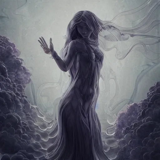 Image similar to “a delicate renaissance marble sculpture covered with water veil, highly detailed transparent marble cloth, a beautiful girl with long black hair in, island background, intricate, highly detailed, digital painting, artstation, official media, anime key visual, concept art, rich vivid colors, ambient lighting, sharp focus, illustration, art by Artgerm, Makoto Shinkai, Ilya Kuvshinov, Lois Van Baarle, and Rossdraws, gi, global illumination, physically based rendering, photorealistic, top light , dark background”