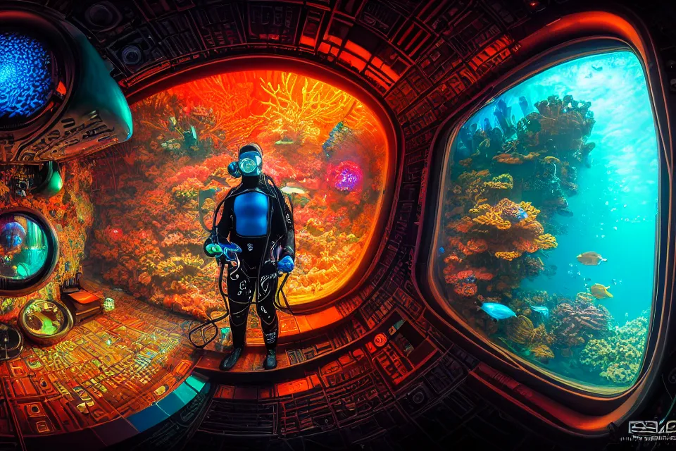 Prompt: detailed portrait of a cyberpunk scuba diver inside a dmt portal, cinematic lighting, corals, big mirrors, stacked computer screens, science lab, fish eye lens, wide angle, memory hole, 8 k high resolution, by james r eads and tomasz alen kopera