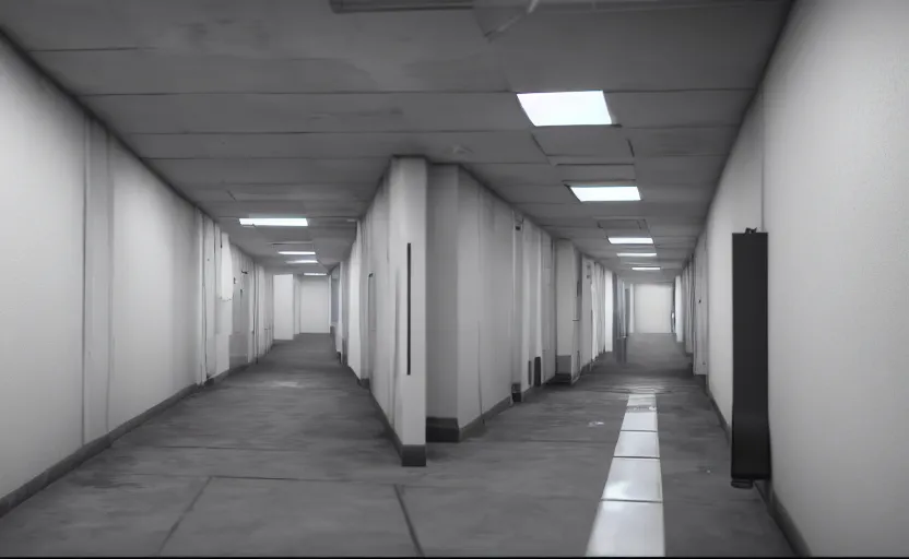 Image similar to screenshot of a first person shooter game on unreal engine 5, narrow modern hallways of a government office facility with white dry wall, photorealistic, retrofuturism