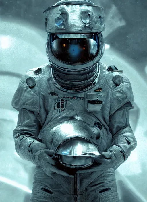 Image similar to infrared concept art by craig mullins astronaut in futuristic dark and empty spaceship underwater. complex and hyperdetailed technical suit. mandelbulb fractal. reflection and dispersion materials. rays and dispersion of light. volumetric light. 5 0 mm, f / 3 2. noise film photo. flash photography. octane render. interstellar movie art