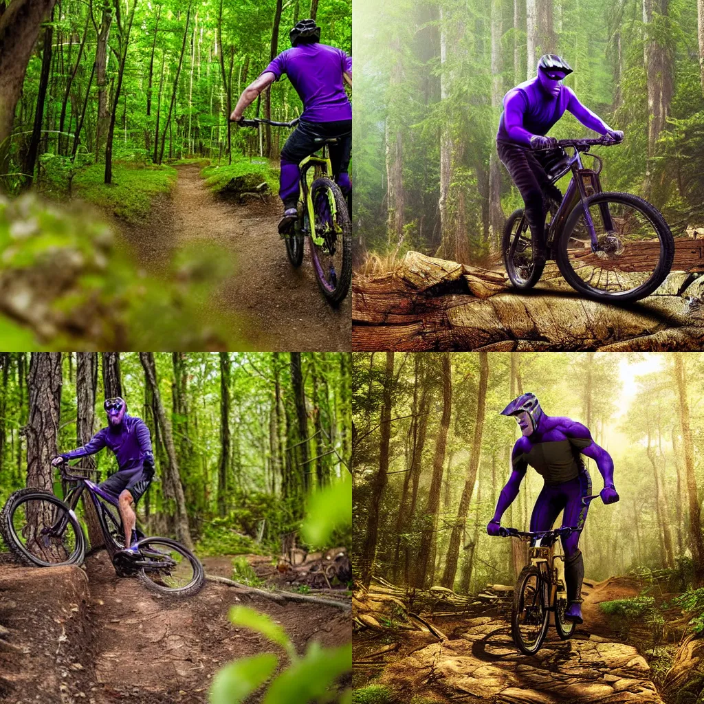 Prompt: Thanos riding a mountainbike through the forest, photography, detailed,