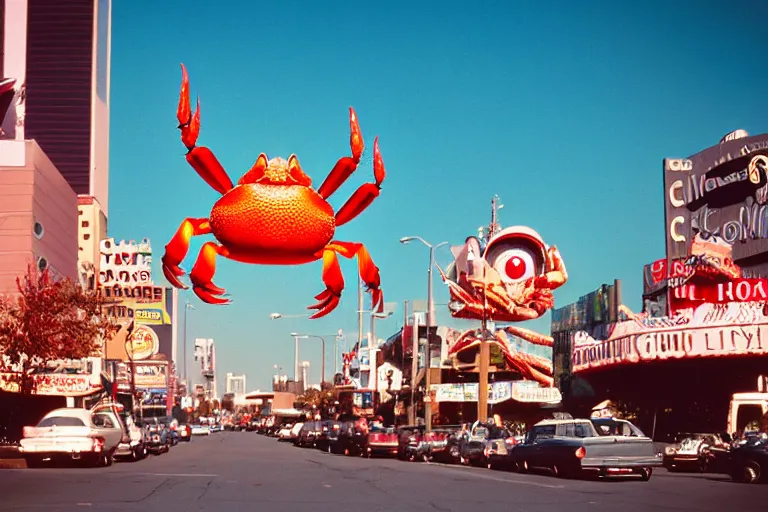 Image similar to 2 0 1 5 cute giant crab terrorizing a city, googie city, americana, fishcore, exterior photography, hd 8 k, photography cinestill