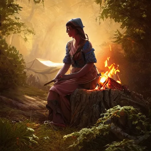 Image similar to epic portrait a scout woman sitting by campfire, beauty, pretty face, glossy skin, glowing, digital painting, artstation, concept art, soft light, hdri, smooth, sharp focus, illustration, fantasy, intricate, elegant, highly detailed, D&D, matte painting, in the style of Greg Rutkowski and Alphonse Mucha and artemisia, 8k, highly detailed, jurgens, rutkowski, bouguereau, pastoral, rustic, georgic