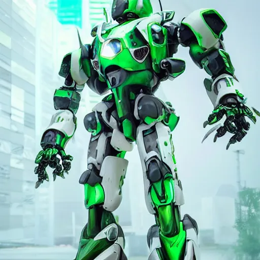 Prompt: Saudi mecha, mecha suit, green and white, epic urban bakground, Murata Yasushi Nirasawa Style, beautiful aesthetic, photorealistic, volumetric lighting, hyperrealistic, octane render, HDR, Production IG Studios Anime Style