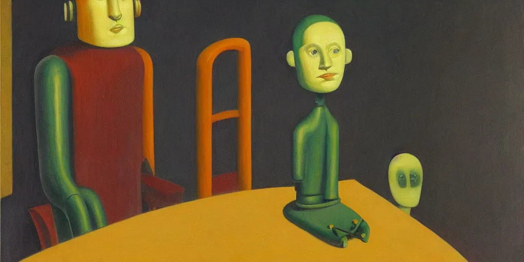 Prompt: salesman robot with shifty eyes portrait, grant wood, pj crook, edward hopper, oil on canvas