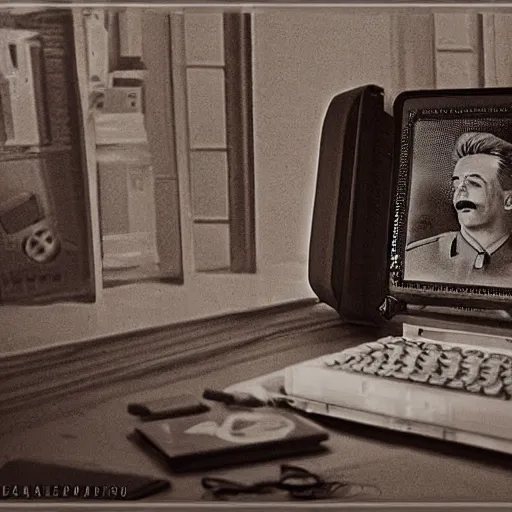 Image similar to stalin building a pc, photography, photorealistic