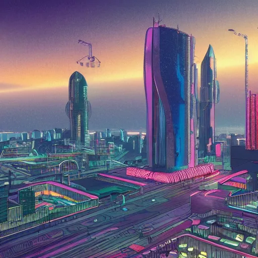 Prompt: illustration of a city in the future with lot of building and technology, Moebius, 8k, details, complex lightning, neon