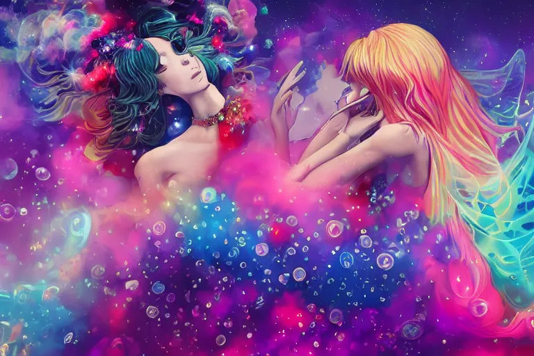 Image similar to psychedelic, full body, whimsical, anime, 4k, beautiful lusty woman blowing smoke, with professional makeup, long trippy hair, a crystal and flower dress, sitting in a reflective pool, surrounded by gems, underneath the stars, rainbow fireflies, trending on patreon, deviantart, twitter, artstation, volumetric lighting, heavy contrast, art style of Ross Tran and Viktoria Gavrilenko and Ilya Kuvshinov