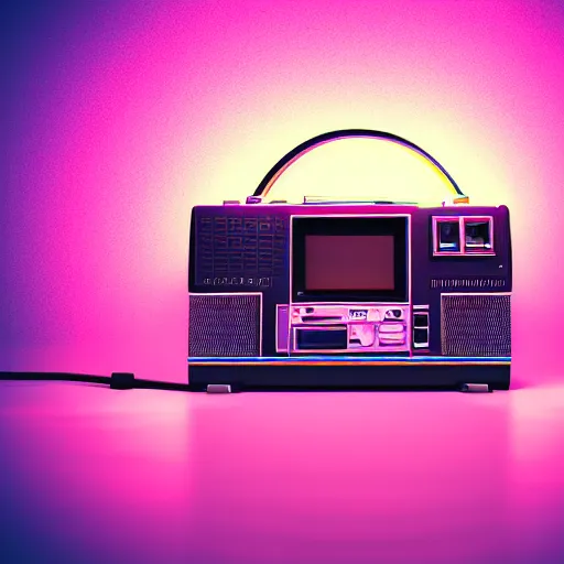 Image similar to DSLR 1980s Ghetto Blaster, Neon, Retrowave