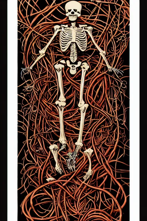 Image similar to Full Human Skeleton wrapped in vines + black paper + elements + red + gold + neon + baroque + rococo + white + orange+ ink + tarot card with ornate border frame + marc Simonetti, paul pope, peter mohrbacher, detailed, intricate ink illustration, global illumination, 8k resolution, face, short leg, long torso, low shoulder, long arm, asymmetric face, muted colors, occult symbols hidden, on old amber paper, RPG portrait, dynamic lighting