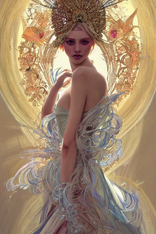 Prompt: an hyper intricate fashion illustration of a blonde model wearing a heaven gaia ballgown with a headdress for mockups, full body ultra fashion model pose by vogue, excellent composition, by yoshitaka amano, by greg rutkowski, by alphonse mucha, by rhads, by ross tran, trending on artstation