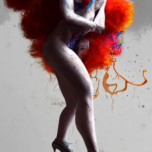 Image similar to full body pose, hyperrealistic mixed media painting of a seductive clown, dim volumetric lighting, 8 k, octane beautifully detailed render, extremely hyper detailed, intricate, epic composition, cinematic lighting, masterpiece, trending on artstation, very very detailed, masterpiece, stunning, hdr, smooth, sharp focus, high resolution, award, winning photo, dslr, 5 0 mm