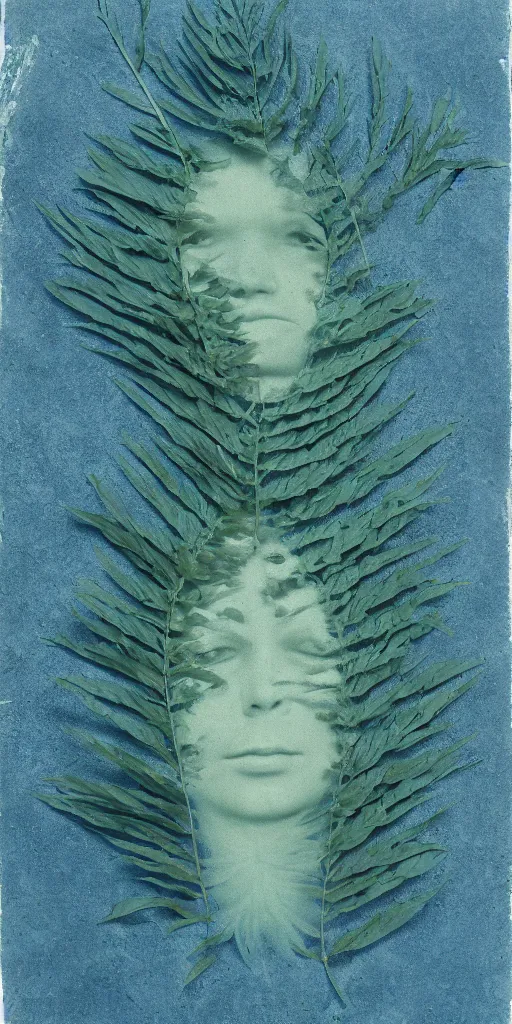Prompt: a human face made of ferns, Cyanotype by Anna Atkins, seaweed, Algae, white on a blue background, Photography, botanical