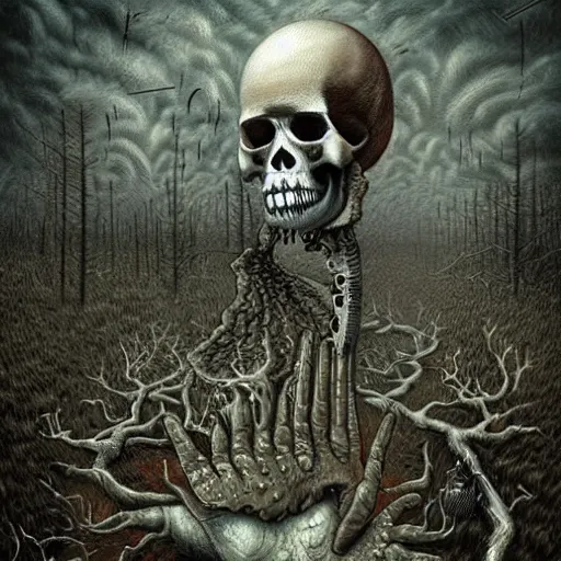 Image similar to a hyperrealistic painting of a psychedelic nightmare landscape, skulls, bones, by anton semenov and santiago caruso, highly detailed, vivid color,