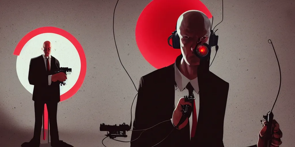 Image similar to an expressive portrait of agent 4 7 from hitman wearing headphones and holding a handgun in front of a wall of vinyl records, head being lit by red rim light, digital art, artstation, art by giger stalenhag