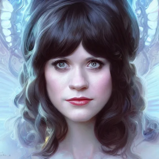 Image similar to portrait of Zooey Deschanel, fantasy, intricate, elegant, highly detailed, digital painting, artstation, concept art, smooth, sharp focus, illustration, art by Artgerm and Greg Rutkowski and Alphonse Mucha