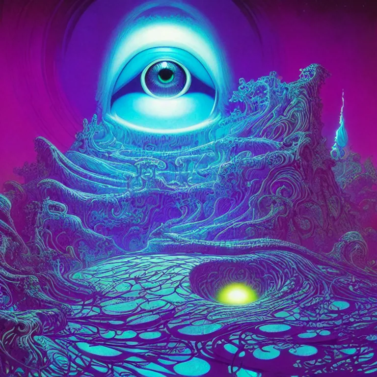 Prompt: mysterious eyeball hovers over mythical crystal temple, fractal waves, synthwave, bright neon colors, highly detailed, cinematic, eyvind earle, tim white, philippe druillet, roger dean, ernst haeckel, lisa frank, aubrey beardsley