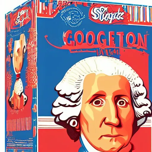 Prompt: cover illustration for a box of George Washington sugar cereal