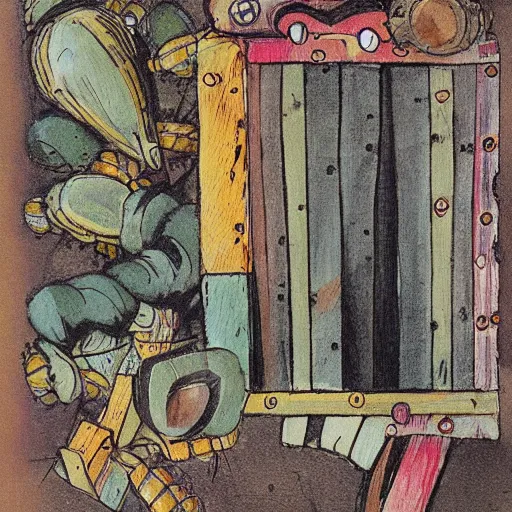 Prompt: a beehive-frame that has been painted on by children, children’s book illustration,