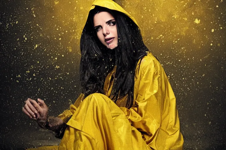 Image similar to tarot card of a dark-haired woman wearing a yellow raincoat, sitting on the floor in front of a bed covered with white linen, black puzzle pieces hovering in the air, symmetrical face, atmospheric, cinematic, ultra detailed, by Weta Digital