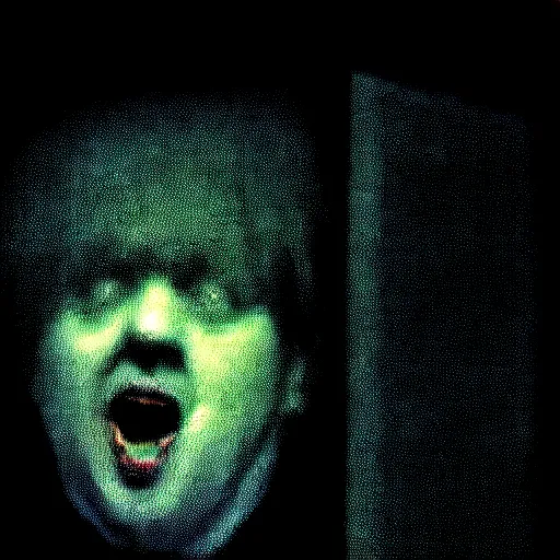 Image similar to dark photo of dark blue rainy bedroom window at night, dimly lit creepy | screaming face of boris johnson staring in through the window, bloody hands, horror, scary face, demonic face,