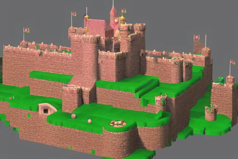 Image similar to Peach\'s Castle from Super Mario 64. Early 90s 3D render