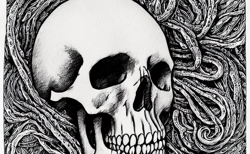 Image similar to a Skull encurcled by tentacles, ink on paper, crosshatch shading