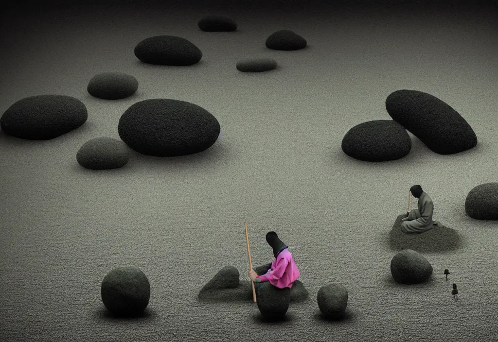 Image similar to portrait of a lone priest raking stones in a zen garden kyoto, japan, a collage painting, in the style of wes anderson, lola dupre, david hockney, isolated on negative white space background dark monochrome fluorescent neon spraypaint accents volumetric octane render