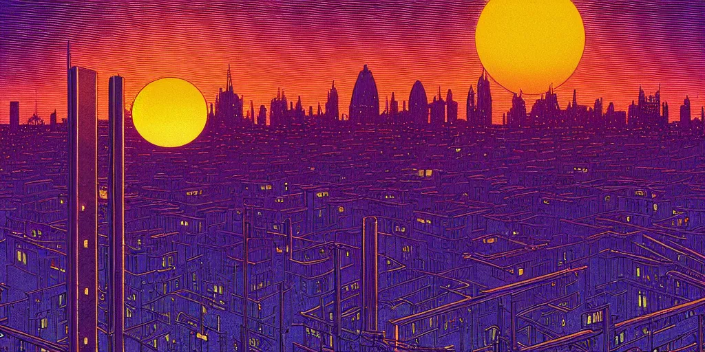 Image similar to A light blue star sinking behind a modern city skyline by Dan Mumford and Dean Ellis and John Atkinson Grimshaw and Anton Fadeev, sunset, purple sky, art nouveau