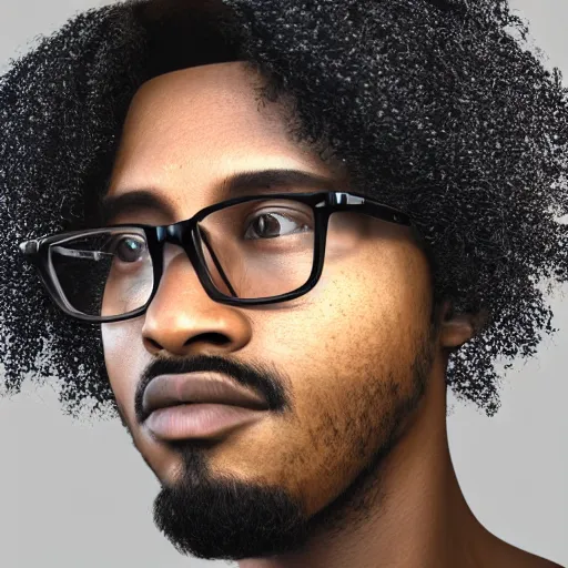 Prompt: photorealistic portrait of a hybrid of guitar and black man at 20's years old, with long curly hair, wearing eyeglasses, hyper realistic octane render, extremely detailed, trending on artstation, 8k,