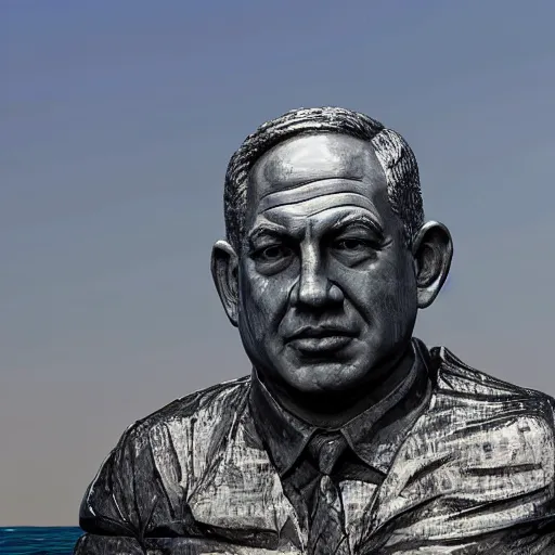 Prompt: a giant benjamin netanyahu sculpture made out of jelly, in the sea, long shot, hyper detailed, hyper realistic, ray tracing, 8 k resolution, sharp focus, realistic water, award winning