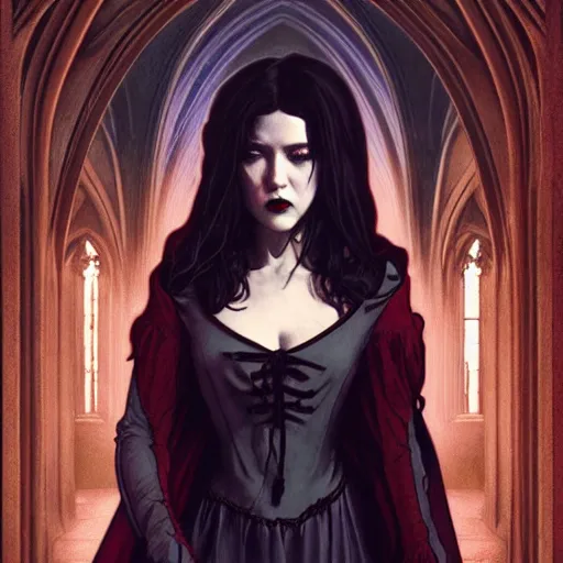 Prompt: a photo of mary elizabeth winstead as a vampire in a gothic cathedral at night, gloomy, horror, by artgerm and alphonse mucha and ross tran and greg rutkowski.