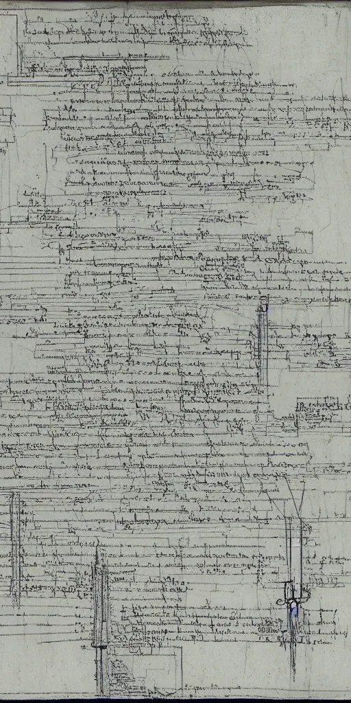 Prompt: 1000 line code for AGI, analytic sketch blueprint by Leonardo da Vinci, detailed, damage paper